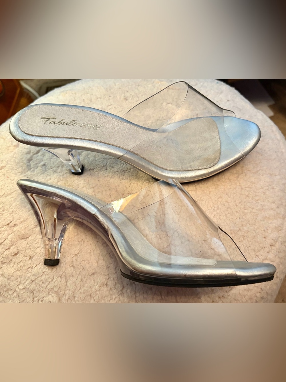 1950s Style Clear Cinderella Silver Mules Peep Toe Kitten Heels Size 10